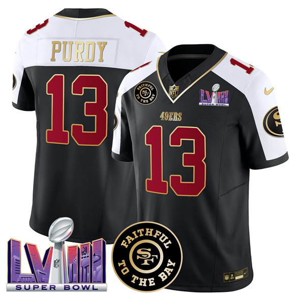 Men's San Francisco 49ers #13 Brock Purdy Black Alternate 2025 F.U.S.E. Faithful & Super Bowl LVIII Patch Vapor Limited Stitched Football Jersey Men's San Francisco 49ers #13 Brock Purdy Black Alternate 2025 F.U.S.E. Faithful & Super Bowl LVIII Patch Vapor Limited Stitched Football Jersey